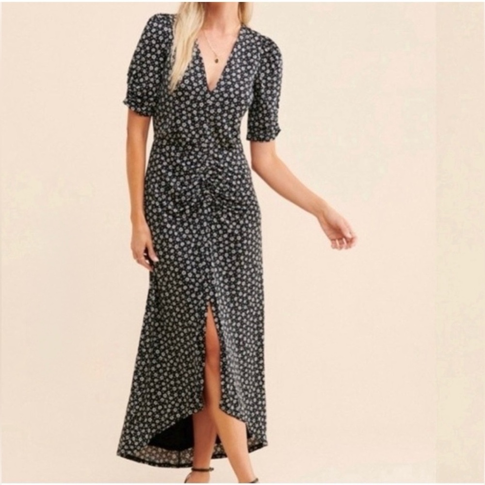 AFRM Black Ditsy Daisy Floral Plunge V Neck High Low Maci Dress NEW Women’s M - Picture 2 of 13